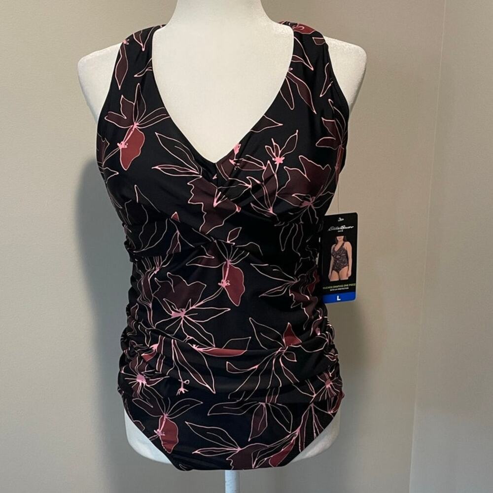 Eddie Bauer NEW One Piece Swimsuit Sz L Crisscross Back Ruched Black Pink
